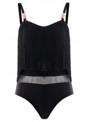 Modlily Tassel Black Mesh One Piece Swimwear - S