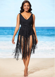 Modlily Tassel Hem Black Belted One Piece Swimwear - S