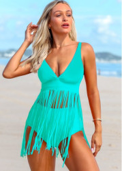 Modlily Tassel Spaghetti Strap Solid Swimdress and Panty - S