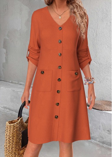 Modlily Terracotta Button A Line Long Sleeve V Neck Dress - S