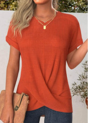 Modlily Terracotta Cross Hem Short Sleeve Round Neck T Shirt - S