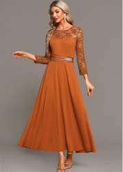 Modlily Terracotta Lace Long Sleeve Round Neck Maxi Dress - S