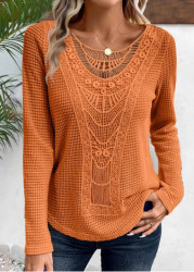 Modlily Terracotta Lace Long Sleeve Round Neck T Shirt - S