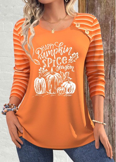 Modlily Terracotta Patchwork Halloween Print Long Sleeve T Shirt - S