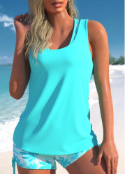 Modlily Three-piece High Waisted Leaf Print Cyan Tankini Set - XXL