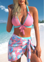 Modlily Three-piece Mid Waisted Marine Life Print Bikini Set - S