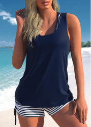 Modlily Three-Piece Mid Waisted Striped Navy Tankini Set - L