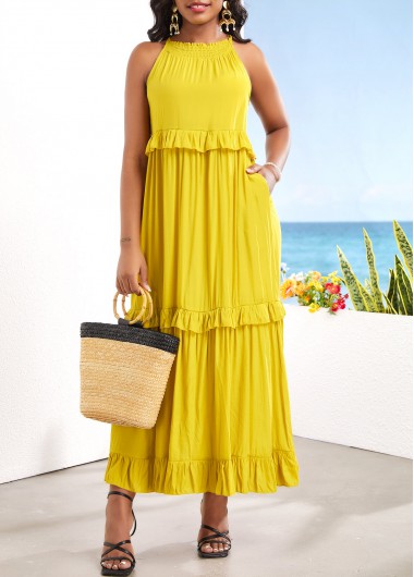 Modlily Tie Back Yellow Ruched Sleeveless Maxi Dress - L