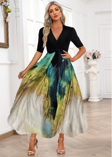 Modlily Tie Dye Print Cocktail Dress Plunging Neck Belted Maxi Wedding Guest Dress - M