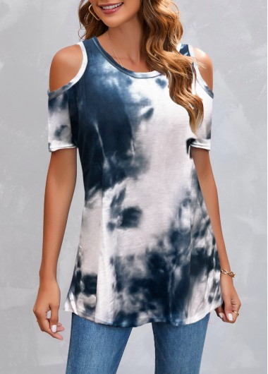 Modlily Tie Dye Print Cold Shoulder Navy T Shirt - S