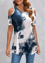 Modlily Tie Dye Print Cold Shoulder Navy T Shirt - S