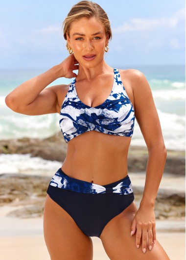 Modlily Tie Dye Print Navy Blue Front Cross Bikini Set - 3XL