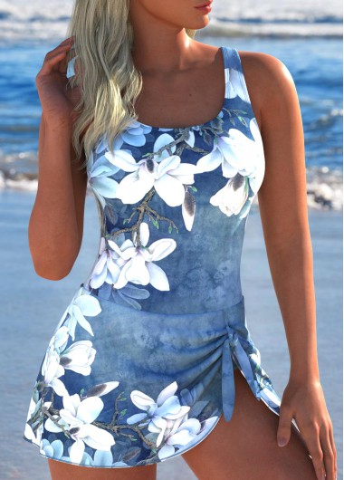 Modlily Tie Floral Print Denim Blue One Piece Swimdress - S