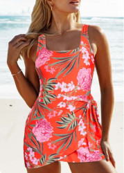 Modlily Tie Floral Print Orange One Piece Swimdress - S