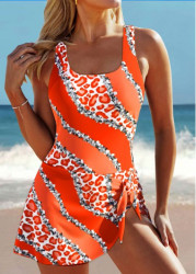 Modlily Tie Leopard Orange One Piece Swimdress - S