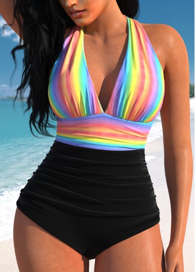 Modlily Tie Rainbow Print One Piece Swimwear - S