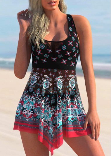 Modlily Tribal Print Asymmetric Hem Swimdress and Shorts - S