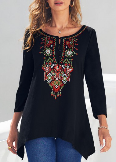 Modlily Tribal Print Black Asymmetric Hem T Shirt - S