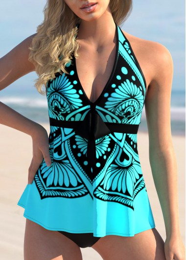 Modlily Tribal Print Halter Bowknot Tankini Set - S