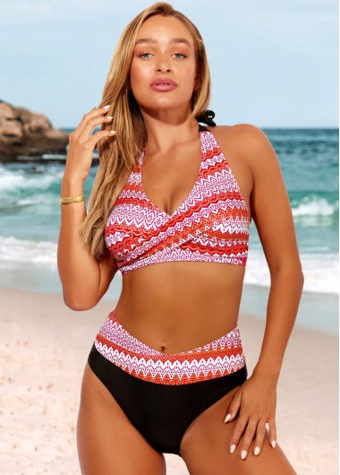 Modlily Tribal Print Halter High Waisted Orange Bikini Set - XXL