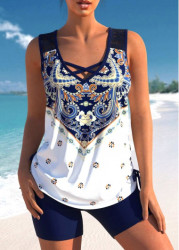 Modlily Tribal Print Navy Blue Cross Strap Tankini Set - S