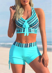 Modlily Tribal Print Striped Cyan Mid Waist Bikini Set - M