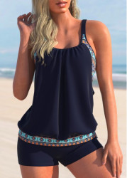 Modlily Tribal Print Wide Strap Navy Blue Tankini Set - L