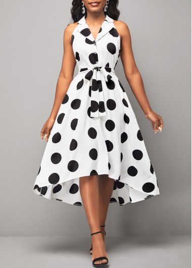 Modlily Turndown Collar Polka Dot Belted White Dress - L