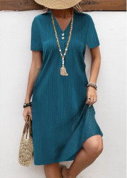 Modlily Turquoise Button A Line Short Sleeve V Neck Dress - S