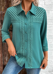 Modlily Turquoise Button Patchwork 3/4 Sleeve Shirt - S