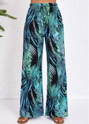 Modlily Turquoise Drawstring Tropical Plants Print Elastic Waist Pants - S