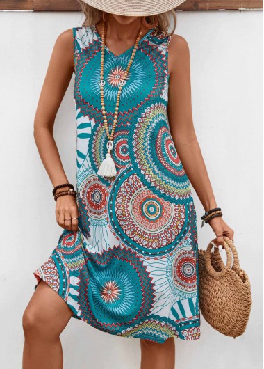 Modlily Turquoise Lightweight Tribal Print Sleeveless V Neck Dress - S