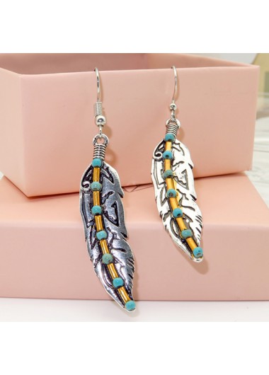 Modlily Turquoise Metal Feathers Design Retro Earrings - One Size