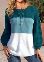 Modlily Turquoise Patchwork Long Sleeve Round Neck Sweatshirt - L