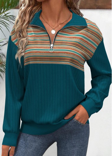 Modlily Turquoise Patchwork Multi Stripe Print Long Sleeve Sweatshirt - S