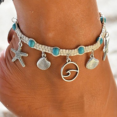 Modlily Turquoise Seashell Design Silver Metal Anklet - One Size