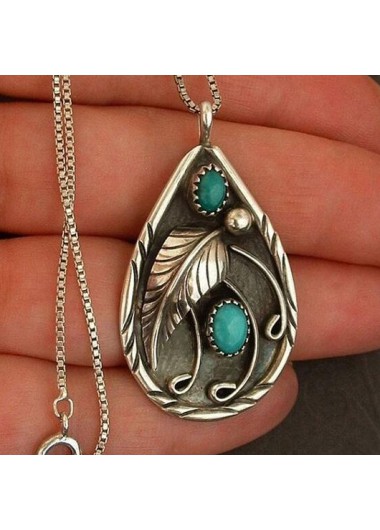 Modlily Turquoise Teardrop Feather Design Metal Necklace - One Size