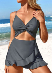 Modlily Twist Ruffle Dark Grey One Piece Swimwear - M