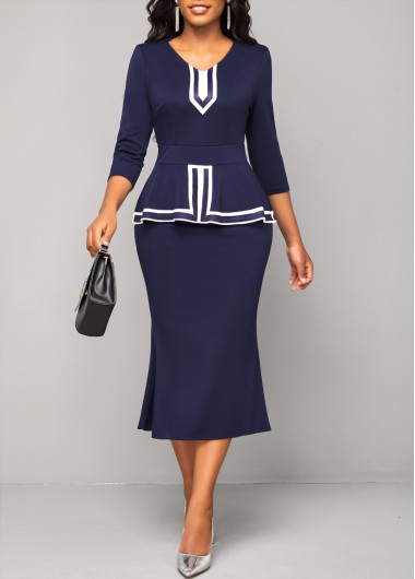 Modlily V Neck Navy Striped Bodycon Dress - M