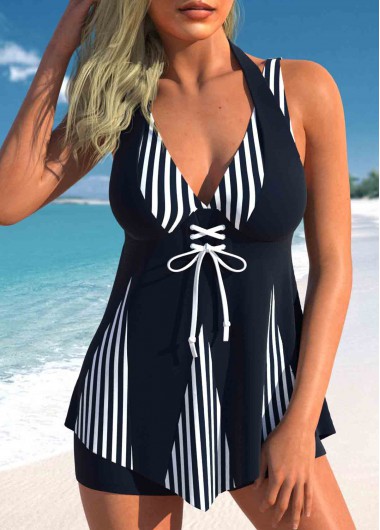 Modlily V-Neck Patchwork Striped Navy Swimdress Set - S