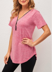 Modlily V Neck Pink Tassel Detail Short Sleeve T Shirt - 5XL