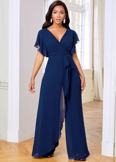 Modlily V Neck Ruffle Sleeve Chiffon Overlay Jumpsuit - M