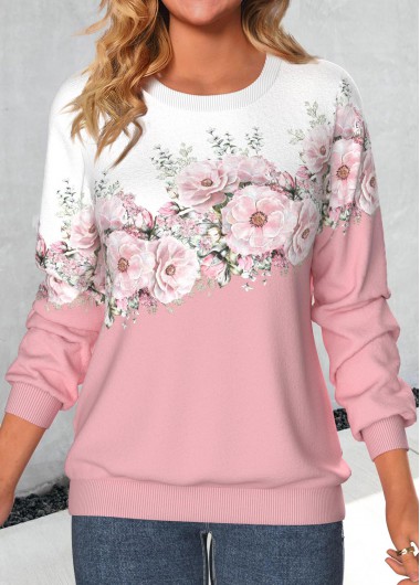 Modlily Valentine&apos;s Day Pink Patchwork Floral Print Long Sleeve Sweatshirt - S