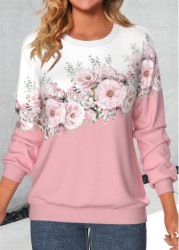 Modlily Valentine&apos;s Day Pink Patchwork Floral Print Long Sleeve Sweatshirt - S