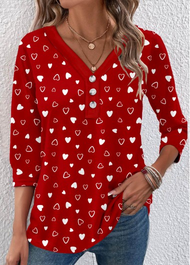 Modlily Valentine&apos;s Day Red Button Heart Print T Shirt - S