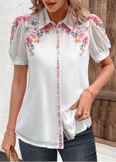 Modlily Valentine&apos;s Day White Button Floral Print Short Sleeve Blouse - S