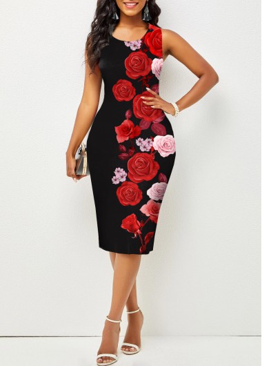 Modlily Valentines Round Neck Rose Print Dress - L