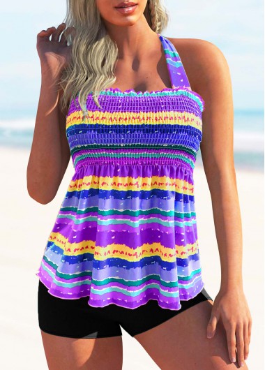 Modlily Violet Color Tie Back Rainbow Wide Stripe Smocked Halter Tankini Set - S