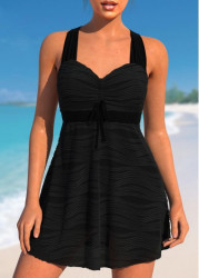 Modlily Wave Mesh Cross Strap Black Swimdress Top - S