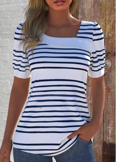 Modlily White Asymmetry Striped Short Sleeve Asymmetrical Neck T Shirt - S